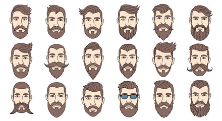 Stylish men's face portraits with various beard and hairstyle designs on white background, vector illustration set.