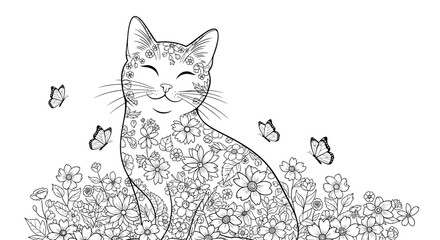 A detailed, floral-covered cat surrounded by butterflies and flowers, a relaxing coloring page scene.