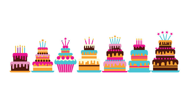 A colorful row of birthday cakes with various designs, toppings, and candles creates a festive and celebratory arrangement on a white background.
