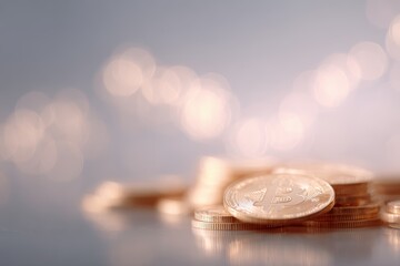 Bitcoin and charts overlay with light bokeh