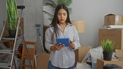 Young woman unpacking boxes in a new living room, surrounded by plants, cardboard, ladder, and holding a tablet in a modern apartment.
