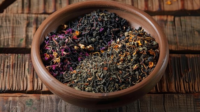 Assorted Tea Leaves in Rustic Bowl Close Up Still Life on Wooden Tabletop Variety of Flavors and Colors Tea Collection