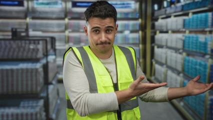 Young hispanic man wearing a reflective vest points skeptically indoors on a cruise boat with a...