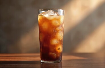 Tall glass of Vietnamese iced coffee on wood table. Dark brown beverage with ice cubes. Refreshing drink on warm day with studio lighting. Cold caffeine boost.