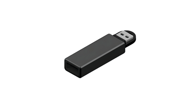 Isometric style vector illustration of a sleek black USB flash drive memory storage device for digital data transfer isolated on white background
