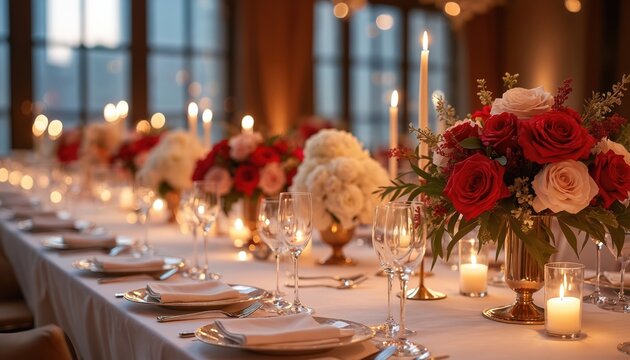 Long formal dining table set with white tablecloths, elegant place settings. Red, white rose centerpieces adorn table with numerous lit candles. Sophisticated scene creates luxurious ambiance for