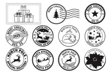 Twelve festive stamps with reindeer, gifts, foxes, and Christmas seals