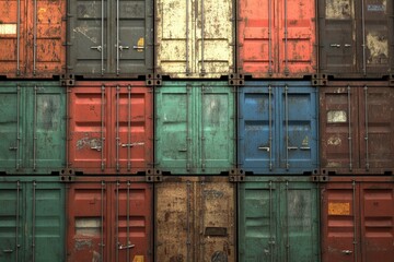 Colorful cargo container stack displaying a variety of hues and textures at an international shipping yard during daylight hours