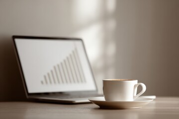 Laptop showing annual sales growth chart beside cup of espresso productivity and reward mood