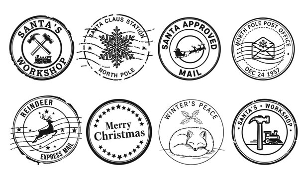 Eight black and white stamps with festive icons and postal charm