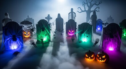 Spooky Halloween Cemetery with Illuminated Tombstones and Foggy Atmosphere