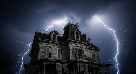 Creepy Dilapidated House Under a Lightning Storm in Dark Sky at Night