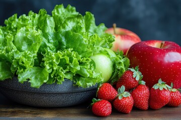 Fresh salad featuring crisp lettuce leaves, vibrant red apples, and juicy strawberries on a wooden surface in a natural light setting