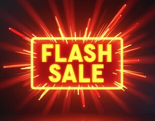 Glowing neon sign reads Flash Sale on dark. Red orange light rays and frame grab attention. Template promo banner for advertising, marketing campaigns events sales shopping discount.