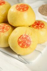 Traditional Chinese Steamed Pumpkin Buns with Red Fortune Stamps Shandong Style Dumplings