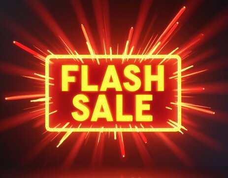 Glowing neon sign reads Flash Sale on dark. Red orange light rays and frame grab attention. Template promo banner for advertising, marketing campaigns events sales shopping discount. - Powered by Adobe