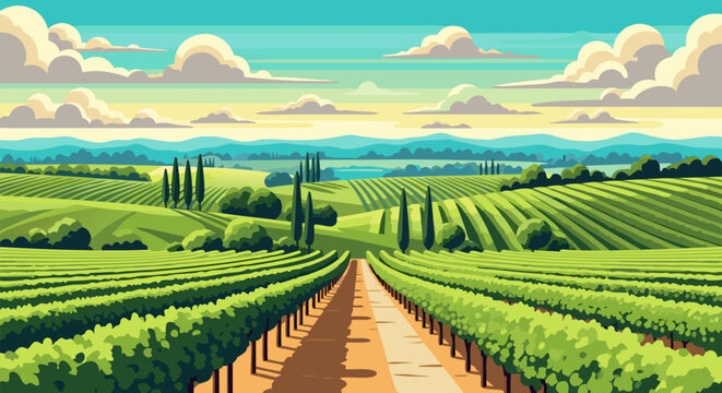 Idyllic rural landscape with rolling green hills and rows of grapevines in a picturesque wine country vineyard