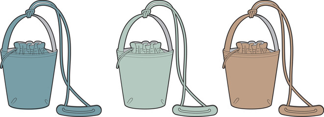 Fashionable Small Bucket Bags A Trio of Chic Accessories in Teal, Blue, and Brown © Rumana