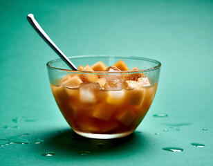 Close-up of a glass bowl filled with diced cantaloupe and ice cubes in liquid, featuring a metal spoon and water droplets on a deep mint green surface, emphasizing freshness.