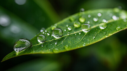 A close up of a green leaf covered in water droplets after a fresh spring rain