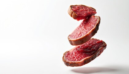 Obraz premium Raw beef steaks freeze mid air against white background. Delicious meat cuts ready for grilling. Gourmet food preparation for culinary arts, cooking, and restaurant menus.