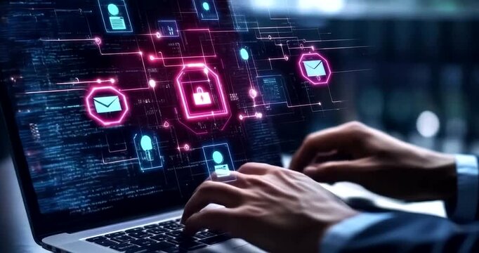 Hands typing on laptop with digital security interface and data flow - Powered by Adobe