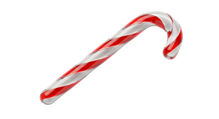 Classic red and white striped candy cane with a curved hook shape isolated on transparent background