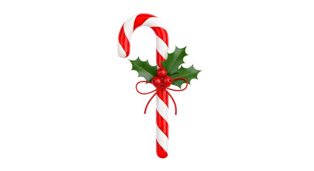Classic red and white striped candy cane with festive holly berries and bow isolated on transparent background