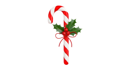 Classic red and white striped candy cane with festive holly berries and bow isolated on transparent background