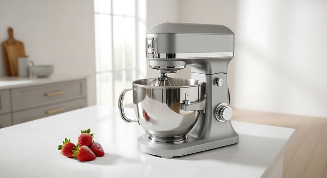 Modern stand mixer in stylish kitchen ready for baking delicious treats and creating culinary masterpieces in a clean, bright home setting