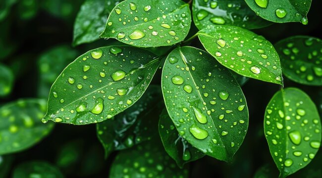 Close-up of vibrant green leaves covered in water droplets (1) - Powered by Adobe