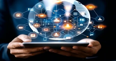 Businessman holding a tablet with a glowing network of icons and connections - Powered by Adobe