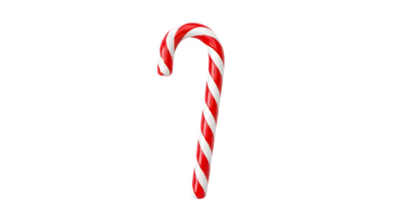 Classic red and white striped candy cane with a curved hook isolated on transparent background