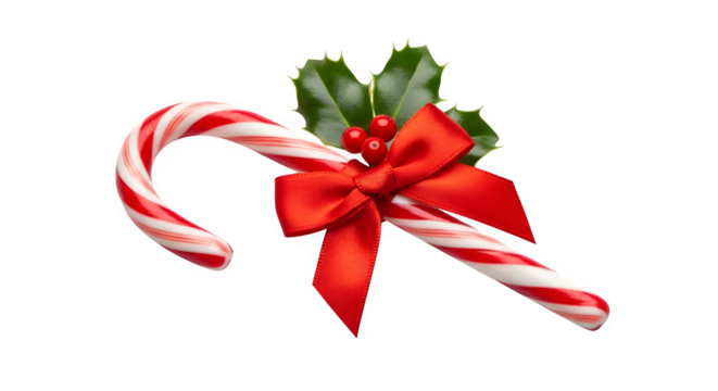 Traditional red and white striped candy cane tied with a red bow and holly isolated on transparent background