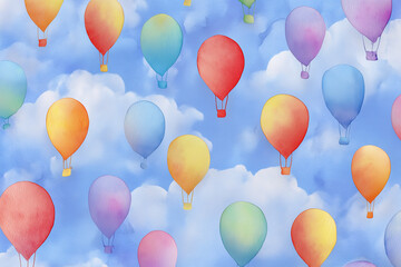 Naklejka premium Whimsical Watercolor Hot Air Balloon Pattern – Cute and Colorful Kids Sky Illustration