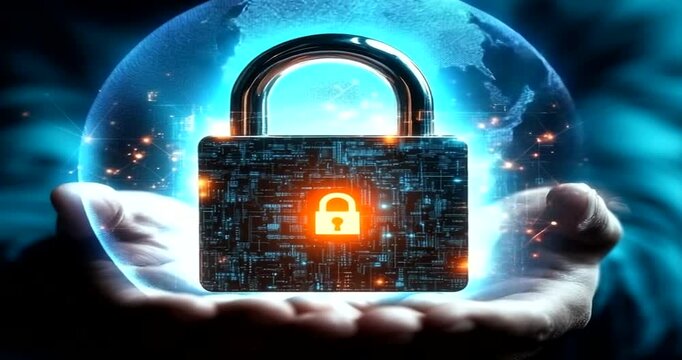 Digital padlock protecting a glowing globe held in hands, symbolizing data security - Powered by Adobe
