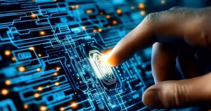 Finger touching a fingerprint scanner on a futuristic digital circuit board, for authentication