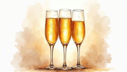 Three champagne glasses full of bubbly golden liquid stand together. Lightly drawn wisps of smoke or clouds float behind the clear flutes. Bubbles rise in the effervescent drink.