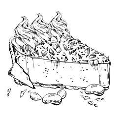 Zephyr meringue, chocolate souffle torte, layered cheesecake portion with whipped cream crown, candy dragees and chips in vector ink. Isolated hand drawn dessert. Patisserie signage, cookbook visuals.