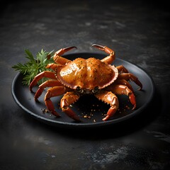 Whole cooked crab presented on a black plate with garnish, glossy shell and spices creating a bold seafood visual.