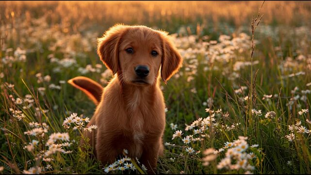 Adorable Golden Retriever Puppy Sitting in a Field of Wildflowers at Sunset