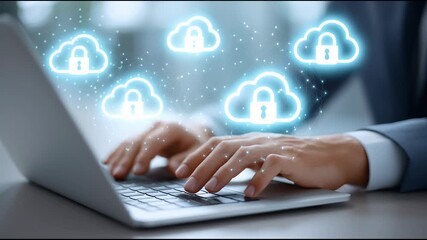 Cloud security and data protection using encryption on a laptop in a modern office setting - Powered by Adobe