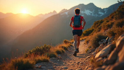 Obraz premium Man runs on mountain path at sunset. Athlete with backpack trains uphill on rocky terrain. Sporty male enjoys active lifestyle during golden hour adventure.