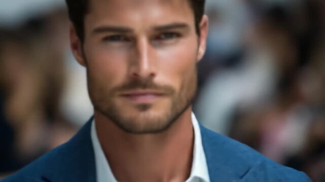 A handsome man with a sharp jawline and piercing eyes wears a blue blazer