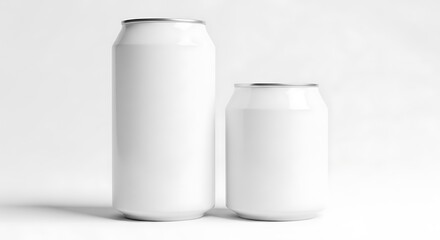 Two white aluminum cans of different sizes isolated on white background