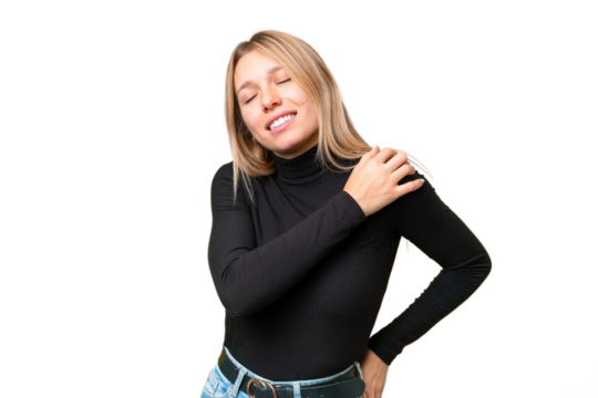 Young pretty blonde woman over isolated chroma key background suffering from pain in shoulder for having made an effort
