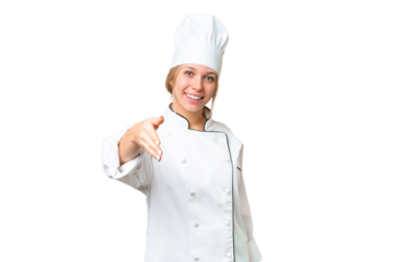 Young chef woman over isolated chroma key background shaking hands for closing a good deal
