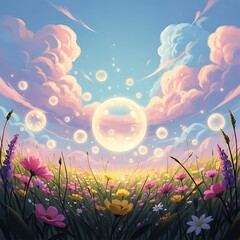 Dreamy Landscape with Bubbles and Wildflowers at Sunset.