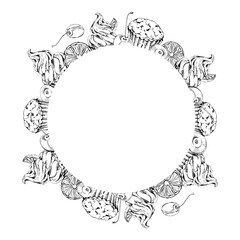 Vector ink muffins and cupcakes with zephyr top, fresh cherries, meringue swirls, and orange slices. Hand drawn isolated wreath illustration. Culinary invite frames, cafe signage, card decoration art.