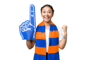 sports fan woman over isolated chroma key background celebrating a victory in winner position